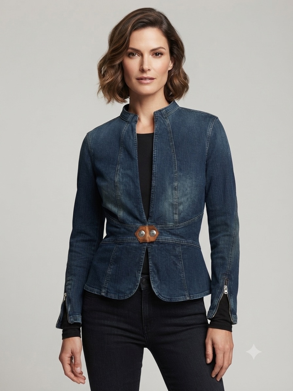 A.M.I. Vintage Y2K Denim Jacket Blazer Women Large Blue Heart Buttons Peplum
